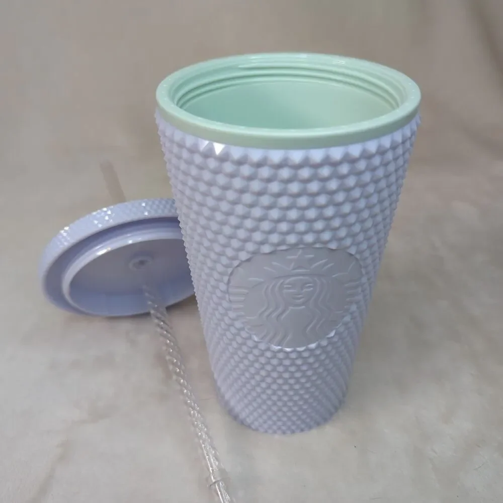 Starbucks White Plastic Studded 16 oz Tumbler w/Lid Straw Mint Interior NEW